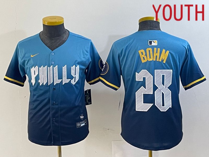 Youth Philadelphia Phillies #28 Bohm Blue City Edition Nike 2024 MLB Jersey style 1